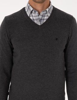 Antrasit Melanj Slim Fit V Yaka Basic Triko Kazak - Pierre cardin фото 6