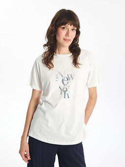 Bisiklet Yaka Bask?l? K?sa Kollu Kad?n Ti??rt