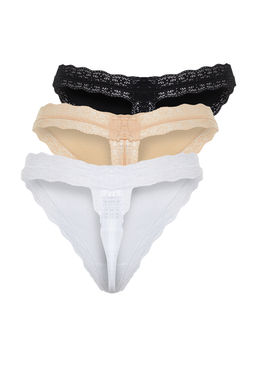 TRENDYOLMILLA Siyah-Beyaz-Ten 3lu Paket Pamuklu Fitilli Dantelli String Orme Kulot THMSS24KU00004  фото 9