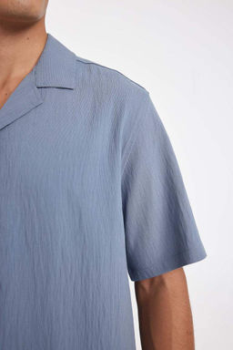 Рубашка с короткими рукавами и жатым воротником-поло Relax Fit - Defacto фото 5