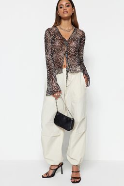 Trendyolmilla Siyah Desenli Baglama Detayl? Tul Esnek Orme Bluz TWOSS23BZ00139  фото 8