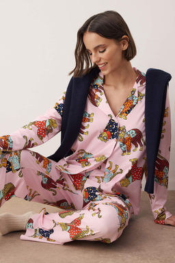 Pembe %100 Pamuk Kaplan Bask?l? Orme Pijama Tak?m? THMAW26PT00202