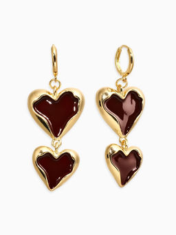 Серьги «Два сердца» корейский стиль, красные в золоте