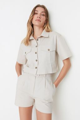 TRENDYOLMILLA Tas Cep Detayl? K?sa Kollu Regular Normal Kal?p Dokuma Gomlek TWOSS22GO0654  фото 3