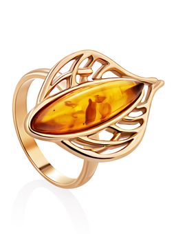 Красивое позолоченное кольцо с натуральным золотистым янтарём Листочек