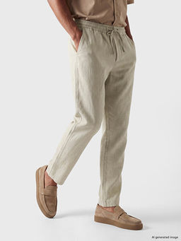 Regular Fit Keten G?r?n?ml? Erkek Pantolon