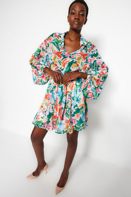 Cok Renkli Cicek Desenli Belden Ac?lan Mini Astarl? Sifon Ucus Ucus Dokuma Elbise TWOAW24EL00841