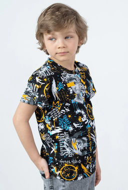 Футболка с воротником, цвет Черный/Желт-Голуб. Brave,100% х/б