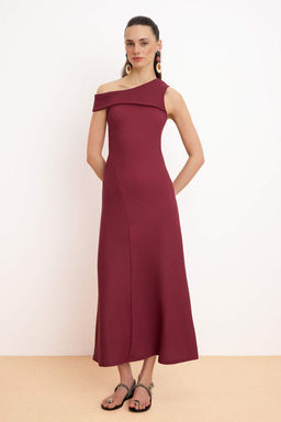 Bordo A-Kesim/Can Form Asimetrik Yaka Kolsuz Dokulu Orme Elbise TWOSS26EL00484