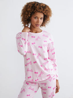 Bisiklet Yaka Barbie Bask?l? Kad?n Pijama Tak?m?