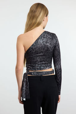Antrasit Leopar Bask?l? Slim Baglama Detayl? Tek Kol Crop Esnek Orme Bluz TWOAW23BZ00094