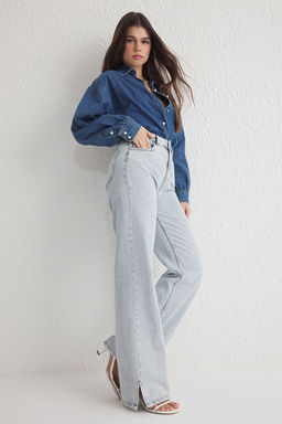 Ac?k Mavi Pacas? Y?rtmacl? Yuksek Bel Wide Leg Jeans TWOSS25JE00057