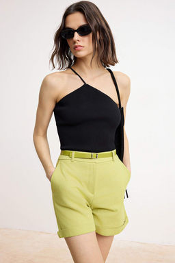 Yag Yesil Kemerli Keten Gorunumlu K?sa Sort & Bermuda TWOSS26SR00037