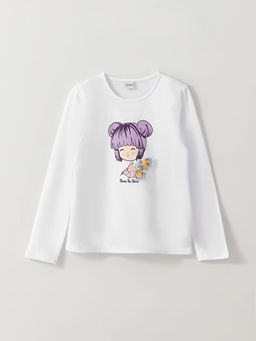 Bisiklet Yaka Bask?l? Uzun Kollu K?z ?ocuk Ti??rt