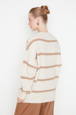 Ekru Genis Kal?p Yumusak Dokulu Cizgili Triko H?rka TWOAW23HI00191