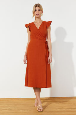 Kiremit Kruvaze F?rf?r Detayl? Keten Gorunumlu Midi Dokuma Elbise TWOSS24EL00071 - Trendyolmilla фото 2