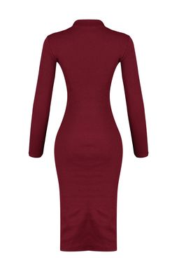 Bordo Vucuda Oturan Y?rtmacl? Bisiklet Yaka Midi Fitilli Esnek Orme Kalem Elbise TWOAW21EL0135