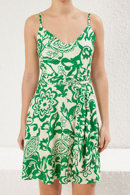 Yesil Cicek Desenli V Yaka Viskon Astarl? Mini Dokuma Elbise TWOSS25EL00123 - Trendyolmilla фото 4