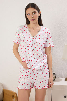 Trendyolmilla Beyaz 100% Pamuklu Kalpli Dantel ve Baby Overlok Detayl? Sortlu Orme Pijama Tak?m? THMSS25PT00396