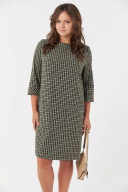 Платье офисное прямое короткое из хлопка большого размера в клетку на зеленом