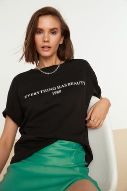 Siyah %100 Pamuk Slogan Bask?l? Relaxed/Genis Rahat Kesim Bisiklet Yaka Orme T-Shirt TWOSS19GH0034