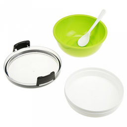 Ланч-бокс для продуктов пластмассовый Обед Люкс д16см h9,5см, 2 уровня: 0,38л, д15см h3,4см; 0,6л, д16см h6,8см, с ложкой 13,5см, крышка прозрачная, с клипсами, с уплотнителем, цвета в ассортименте: фисташковый, розовый, голубой (Китай) - Домашняя мода фото 2