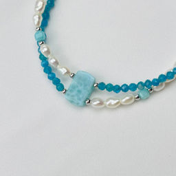 Браслет двойной из Апатиат,Жемчуга и Ларимара 17 см +