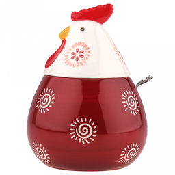 Банка для специй фарфоровая Петушок 460мл, д8-10,5см, h8,2см, с выемкой для ложки, общая h14,7см, металлическая ложка Веточка 12,3см, бордовый/молочный с орнаментом (Китай) - Домашняя мода фото 2