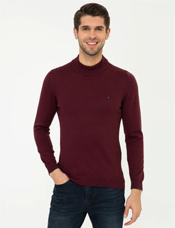 Bordo Slim Fit Yar_m Bal_k__ Yaka Basic Triko Kazak