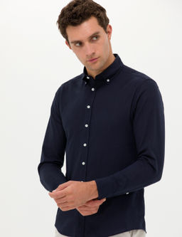 Рубашка узкого кроя из смесового льна темно-синего цвета - Cacharel фото 2