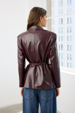Bordo Kemerli Kruvaze Kapamal? Suni Deri Dokuma Blazer Ceket TWOAW26BC00002 - Trendyolmilla фото 4