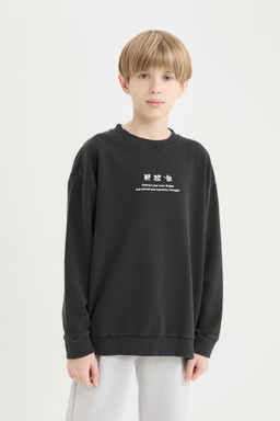 Oversize Geni_ Kal_p Bisiklet Yaka S_rt Bask_l_ Y_kamal_ Soluk Efektli Sweatshirt Erkek _ocuk - Defacto фото 7