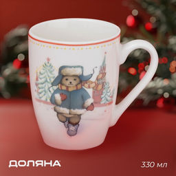 Кружка новогодняя Доляна Московский мишка, 330 мл, для чая, фарфор, 128,511 см, белая