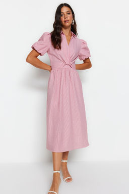 Pembe Cizgili Kruvaze Yaka Midi Dokuma Elbise TWOSS23EL02233