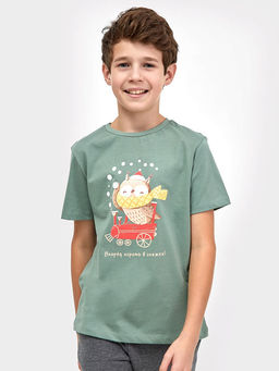 Футболка пыльно-зеленого цвета с принтом на зимнюю тему для мальчиков