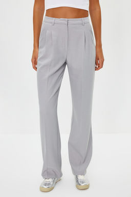 Limited Edition Gri Straight/Duz Kesim Pilili Dokuma Pantolon TWOAW23PL00401