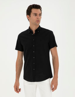 Siyah Slim Fit Keten Kar___ml_ K_sakol G_mlek