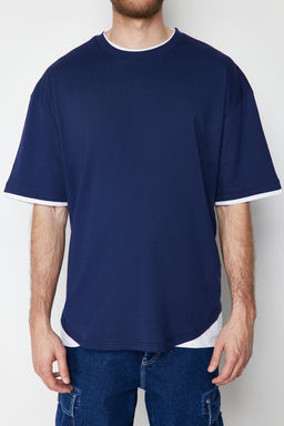 Lacivert Oversize/Genis Kesim Beyaz Panelli K?sa Kol %100 T-Shirt TMNSS22TS0225 - Trendyolmilla фото 4