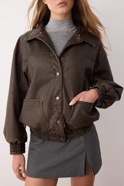 Kahverengi Oversize C?kar?labilir Kapusonlu Eskitme Efektli Suni Deri Bomber Mont TWOAW26MO00008 - Trendyolmilla фото 3