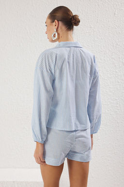 Cizgili Dokuma Cep Detayl? %100 Pamuk Plaj Gomlek-Sort Tak?m TBESS25AU00037