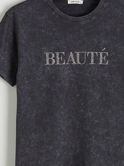 Bisiklet Yaka Ta? Bask?l? Kad?n Ti??rt