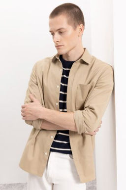 Regular Fit Dugmeli Basic Duz Gabardin Pamuklu Uzun Kollu Gomlek