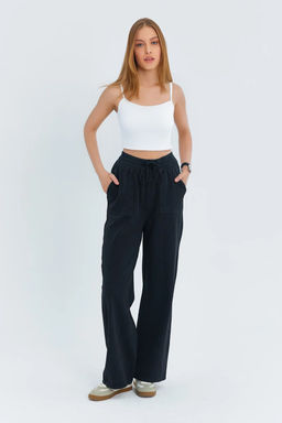 Siyah Cep Detayl? Kot Gorunumlu Wide Leg/Genis Paca Dokuma Pantolon TWOSS25PL00076