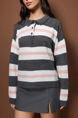 Antrasit Polo Yaka Pembe Cizgili Triko Kazak TWOAW26KZ00286 - Trendyolmilla фото 3