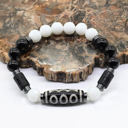 Браслет Дзи "Пять глаз" 10*29мм с агатом черным и белым шарик 10мм, 19см Радуга камня