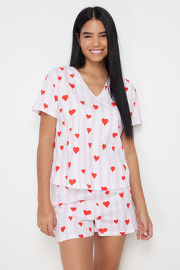 Trendyolmilla Pudra-Cok Renkli %100 Pamuklu Cizgili ve Kalpli Sortlu Orme Pijama Tak?m? THMSS24PT00073  фото 3