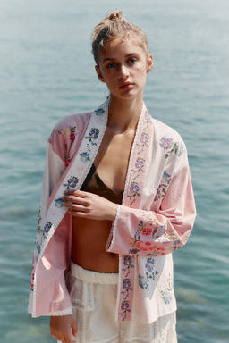 COTTON KAFTAN WITH FLORAL EMBROIDERY