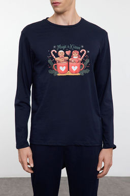 TRENDYOL MAN Lacivert Bask?l? Orme Couple/Cift Pijama Tak?m? TMNAW25PT00046 - Trendyolmilla фото 4