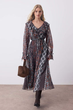 Cok Renkli Boho Bask?l? F?rf?r Detayl? Skater/Belden Ac?lan Midi Esnek Orme Elbise TWOAW26EL00250