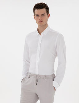 Beyaz Slim Fit _izgili Uzun Kollu G_mlek